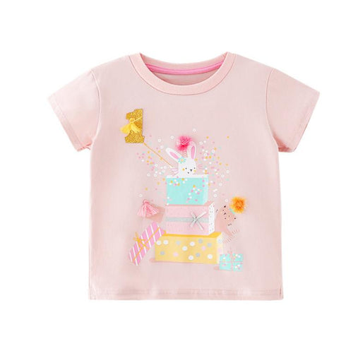 Summer New Girls Printed Cartoon Short Sleeve Three-dimensional Decorative Girls Round Neck T-shirt