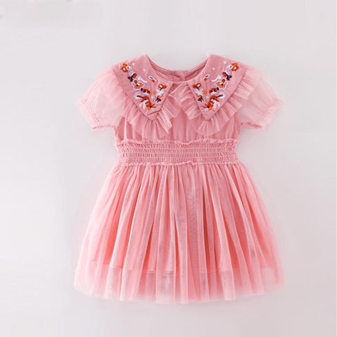 Summer Girl's Embroidered Dress Short Sleeve Mesh Princess Dress