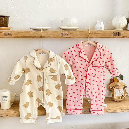 Baby's Pajamas Wind Cherry Bear Printed Long Climbing Jumpsuit