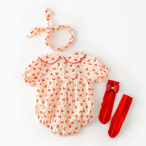 Bowknot Printed Large Lapel Bodysuit Hairband