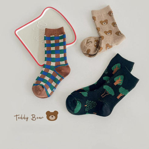 Baby spring and autumn bear plaid baby socks combed cotton socks