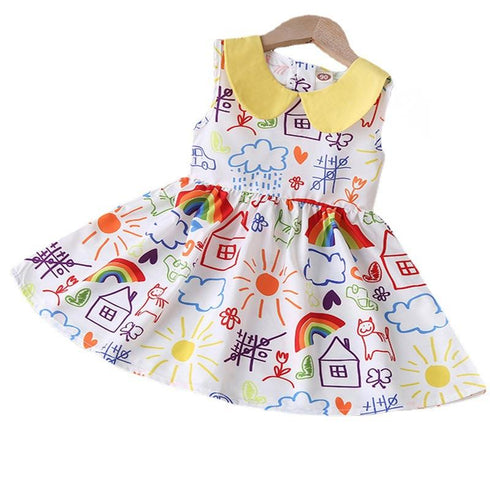 Spring And Summer Girls Cute Doll Collar Printed Sleeveless Princess Dress