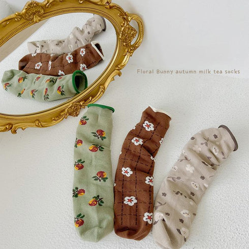 Infant spring and autumn curled flower tube socks plain plaid socks
